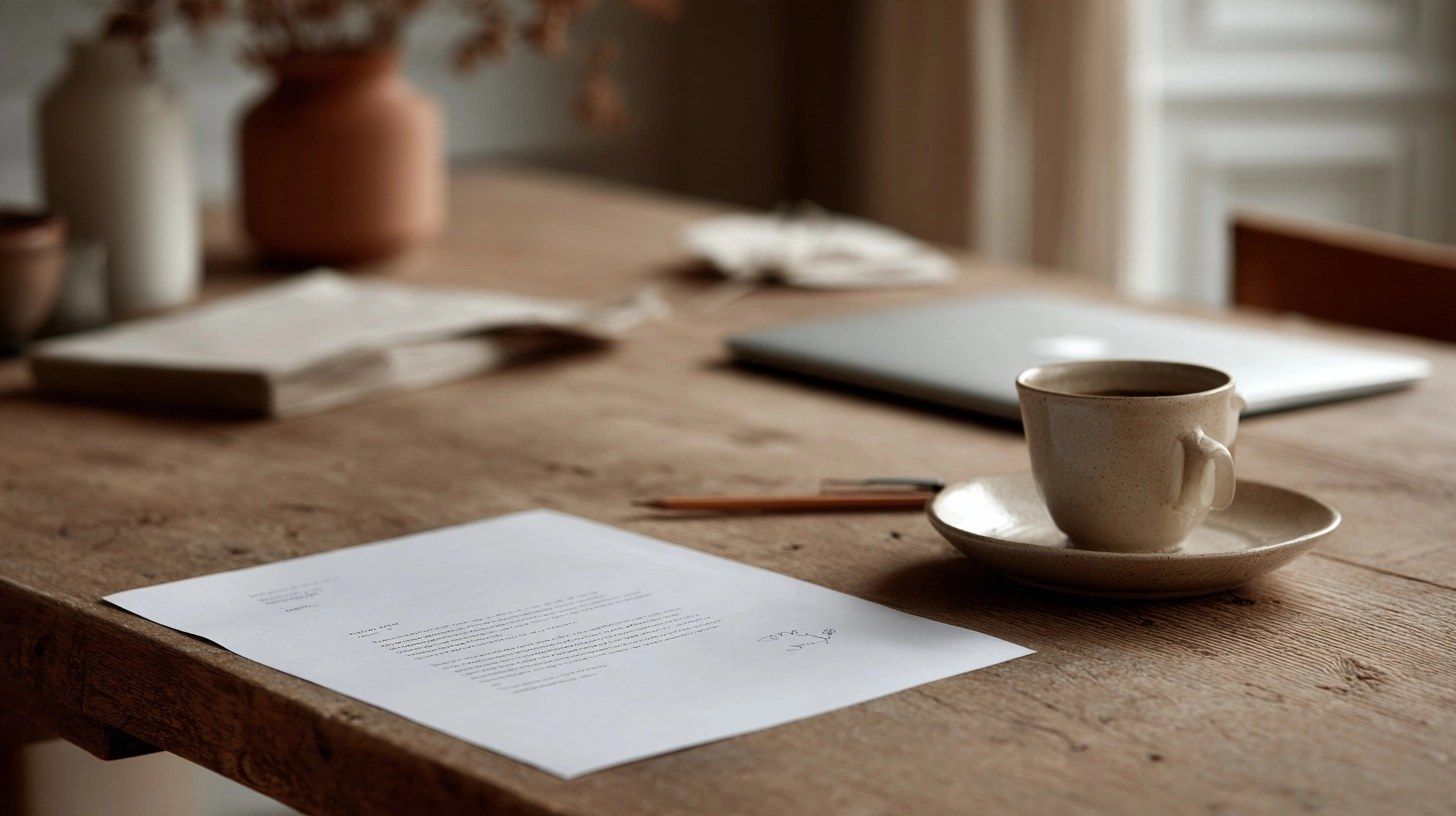 An empty wooden desk in early morning light, one sheet of paper with a few lines circled, a closed laptop pushed aside