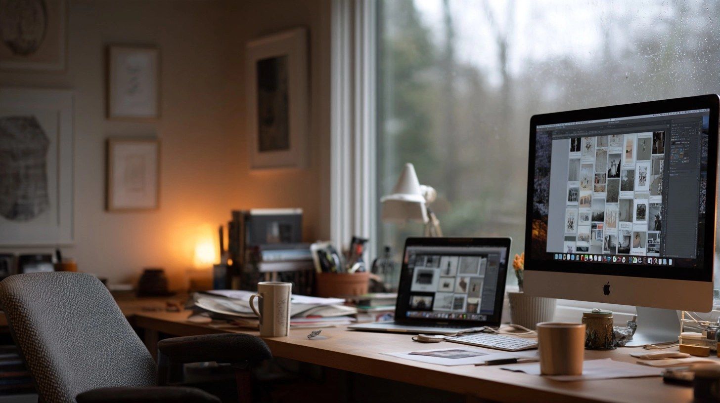 A home office late in the evening, two screens glowing with many windows, a half-finished coffee, the chair pushed back