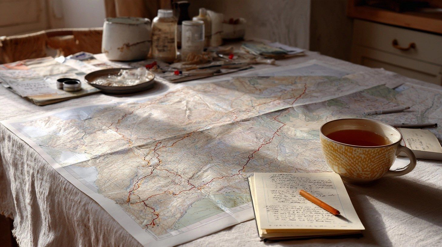 A paper map on a kitchen table with a pencilled route, a notebook with a rough itinerary and a cup of tea
