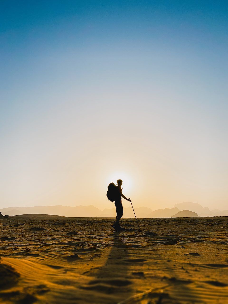 Polle in silhouette with a walking pole in the desert
