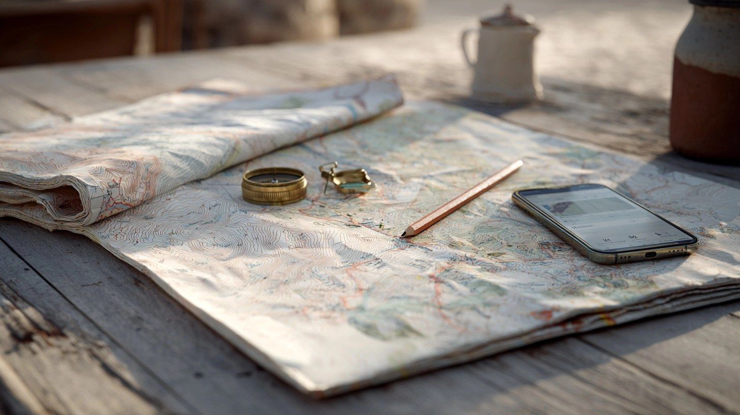 A paper hiking map on a wooden table with a brass compass, a pencil and a smartphone showing a route