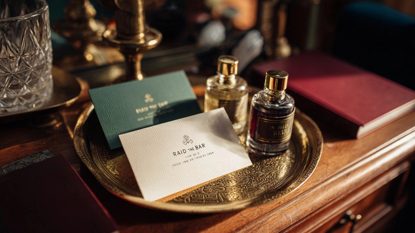 A small card on a brass tray on a hotel room desk, next to two miniature bottles