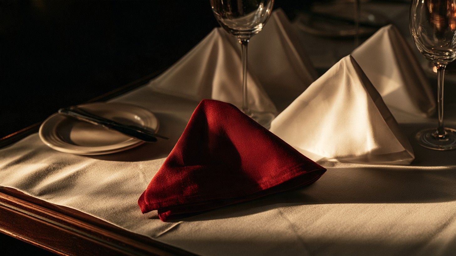 A red napkin folded on a plate on a restaurant table, white napkins on the other plates