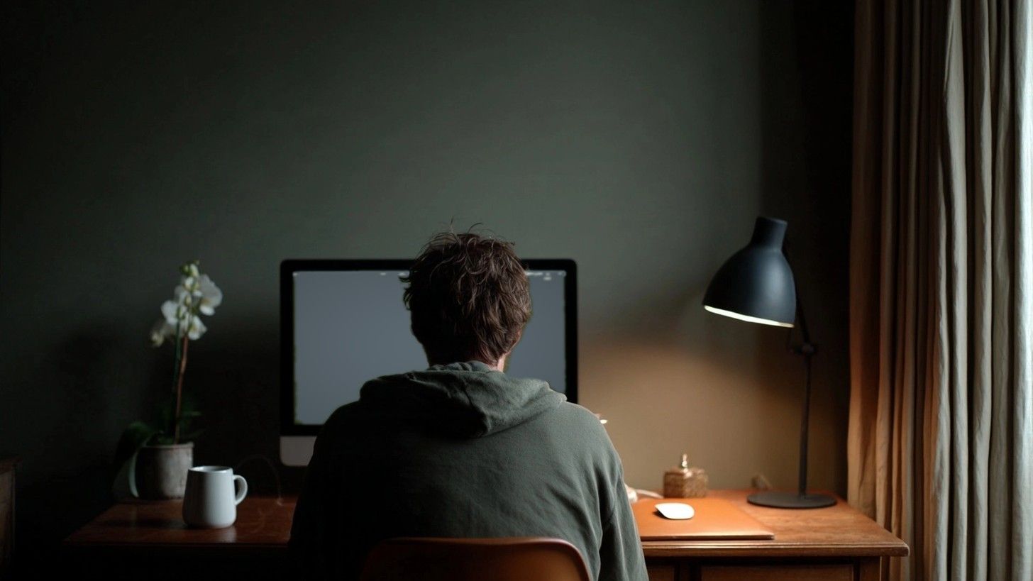 Seen from behind: a man at a desk in a dark room at night, lit only by a small black desk lamp and a dimmed screen, an orchid on the left