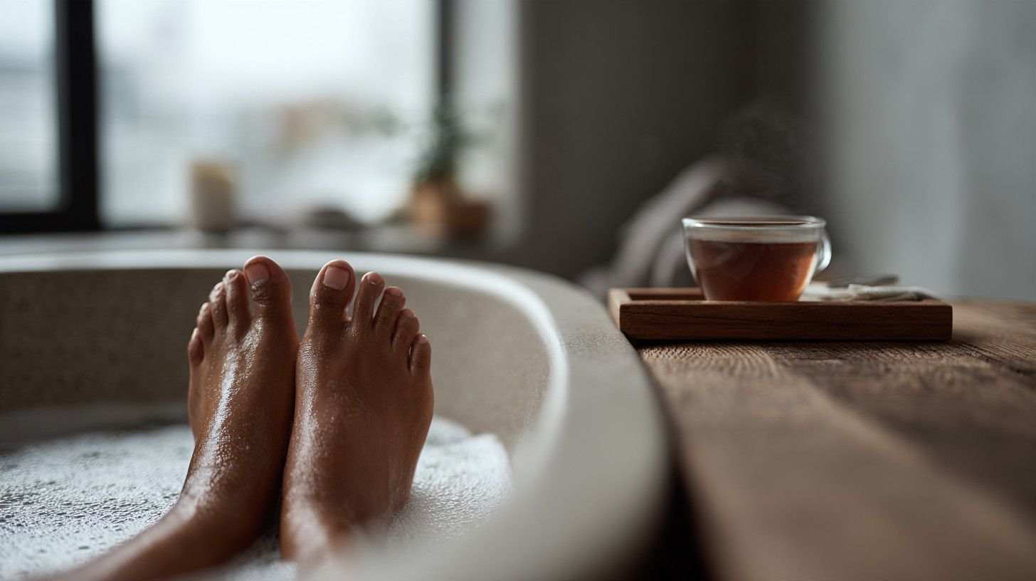 Two bare feet resting in a warm bath with foam, a cup of tea on a wooden tray beside the tub